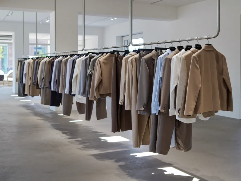 Helles, minimalistisches Atelier mit einer Stange neutral gehaltener Mäntel und Hemden